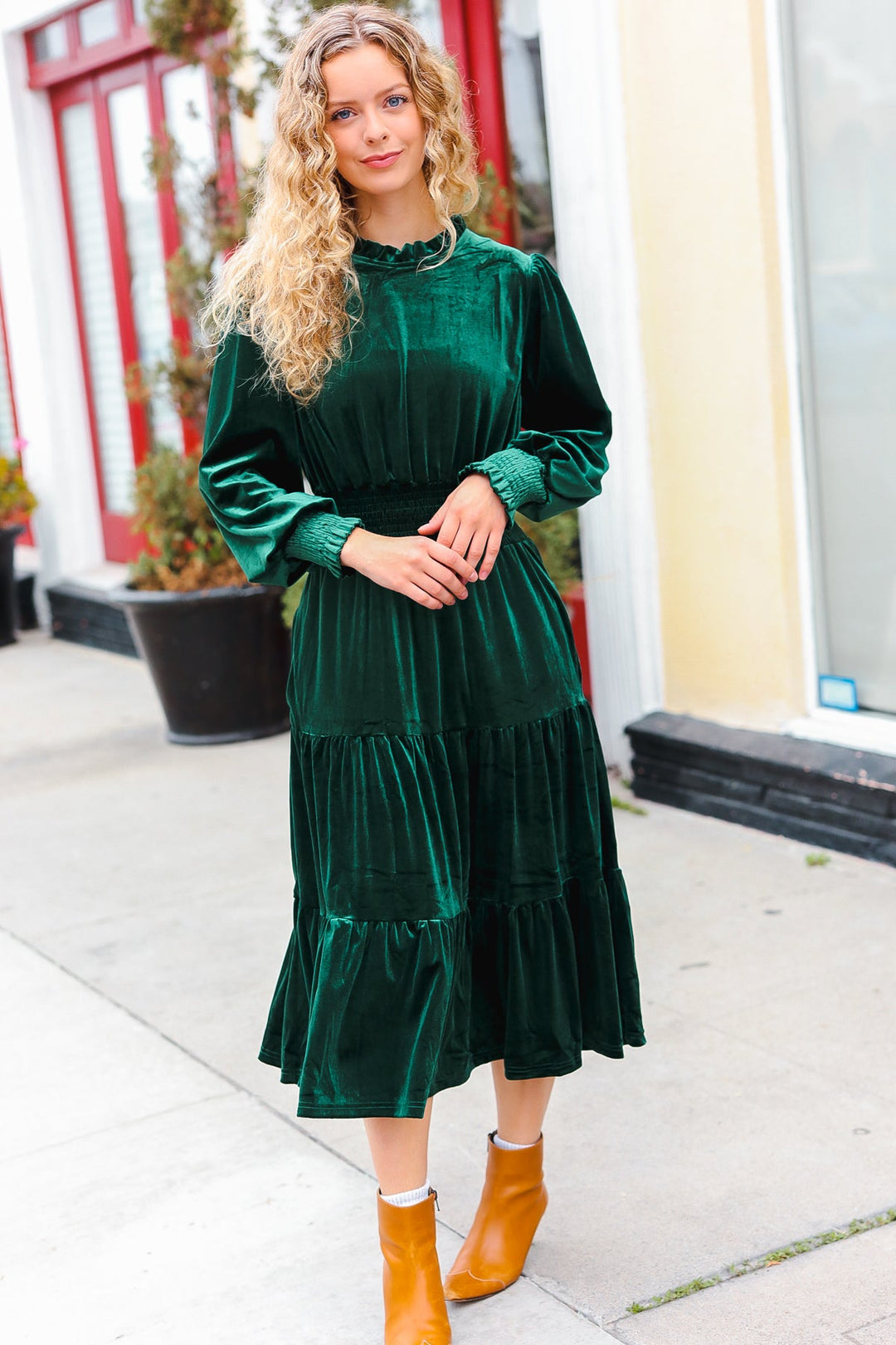 Velvet Smocked-Waist Dress - Hunter Green