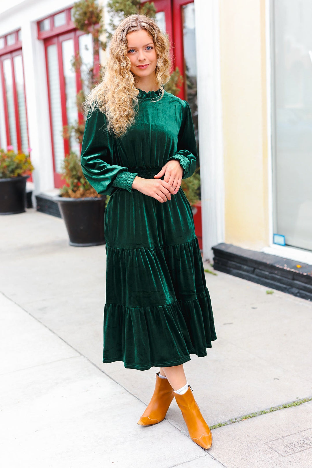 Velvet Smocked-Waist Dress - Hunter Green