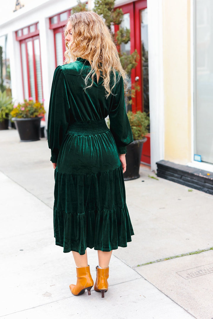 Velvet Smocked-Waist Dress - Hunter Green