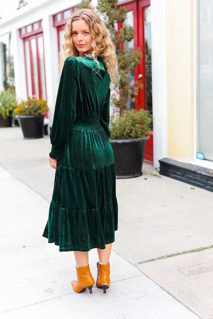 Velvet Smocked-Waist Dress - Hunter Green