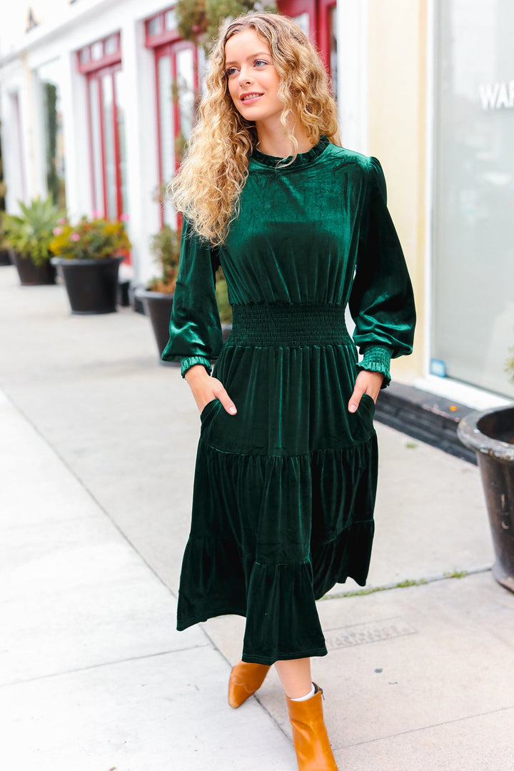 Velvet Smocked-Waist Dress - Hunter Green