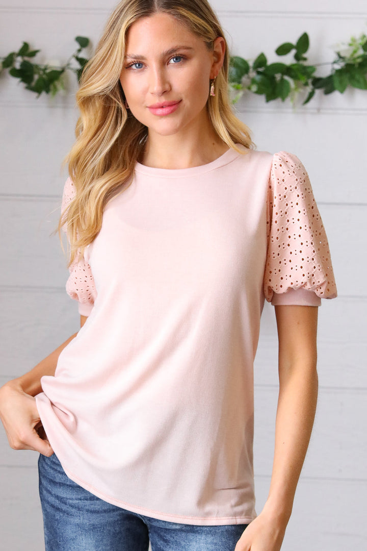 Creamsicle Eyelet Puff-Sleeve Top