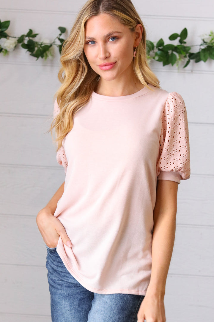 Creamsicle Eyelet Puff-Sleeve Top