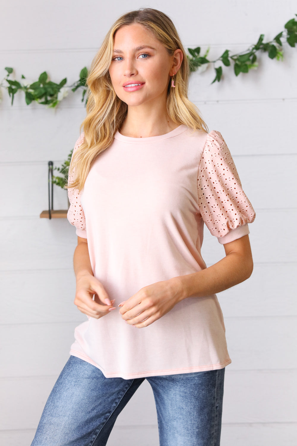 Creamsicle Eyelet Puff-Sleeve Top