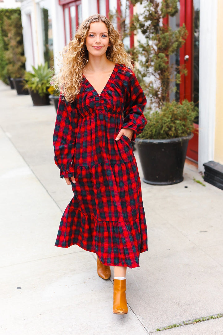 Plaid Tiered Maxi Dress - Red