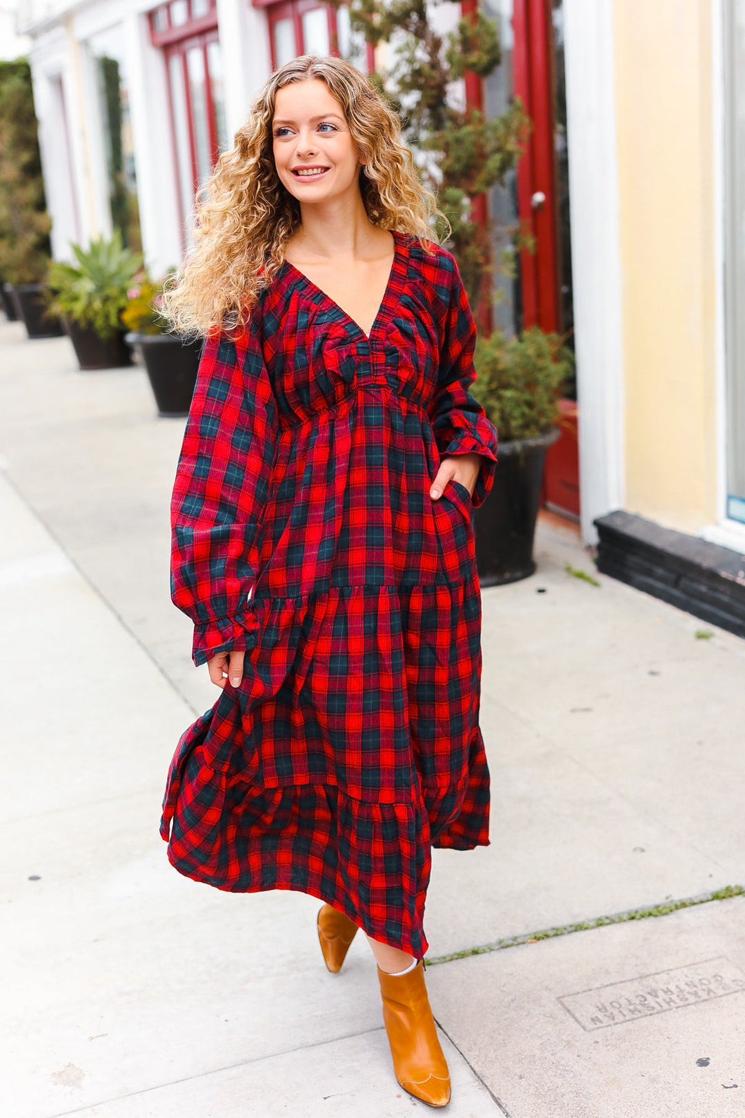 Plaid Tiered Maxi Dress - Red