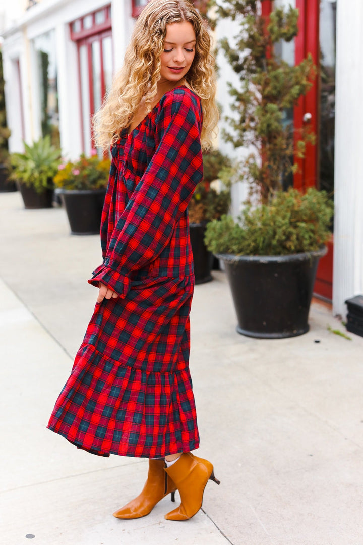 Plaid Tiered Maxi Dress - Red