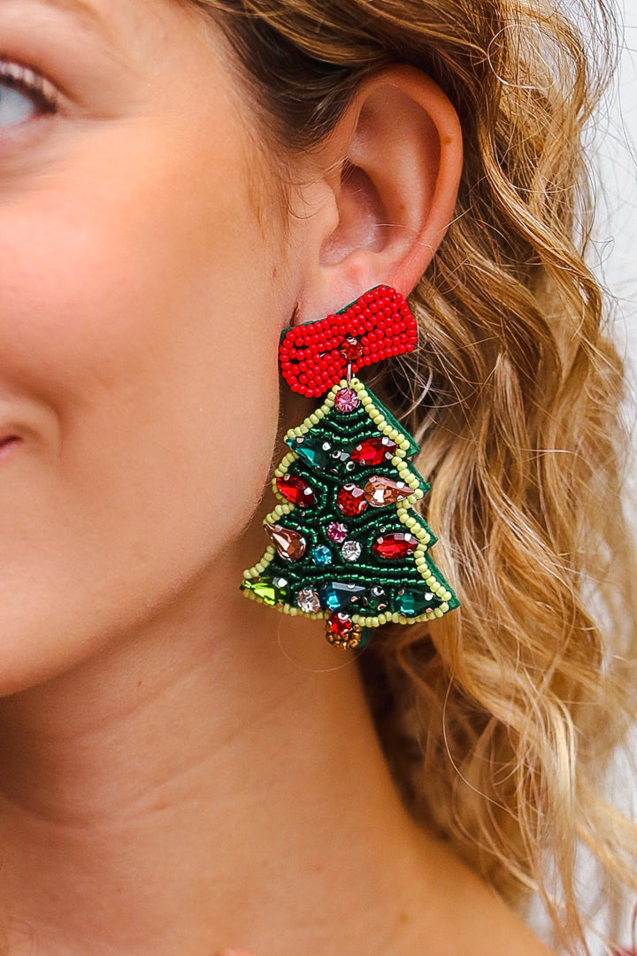 Christmas Tree Beaded & Rhinestone Earrings