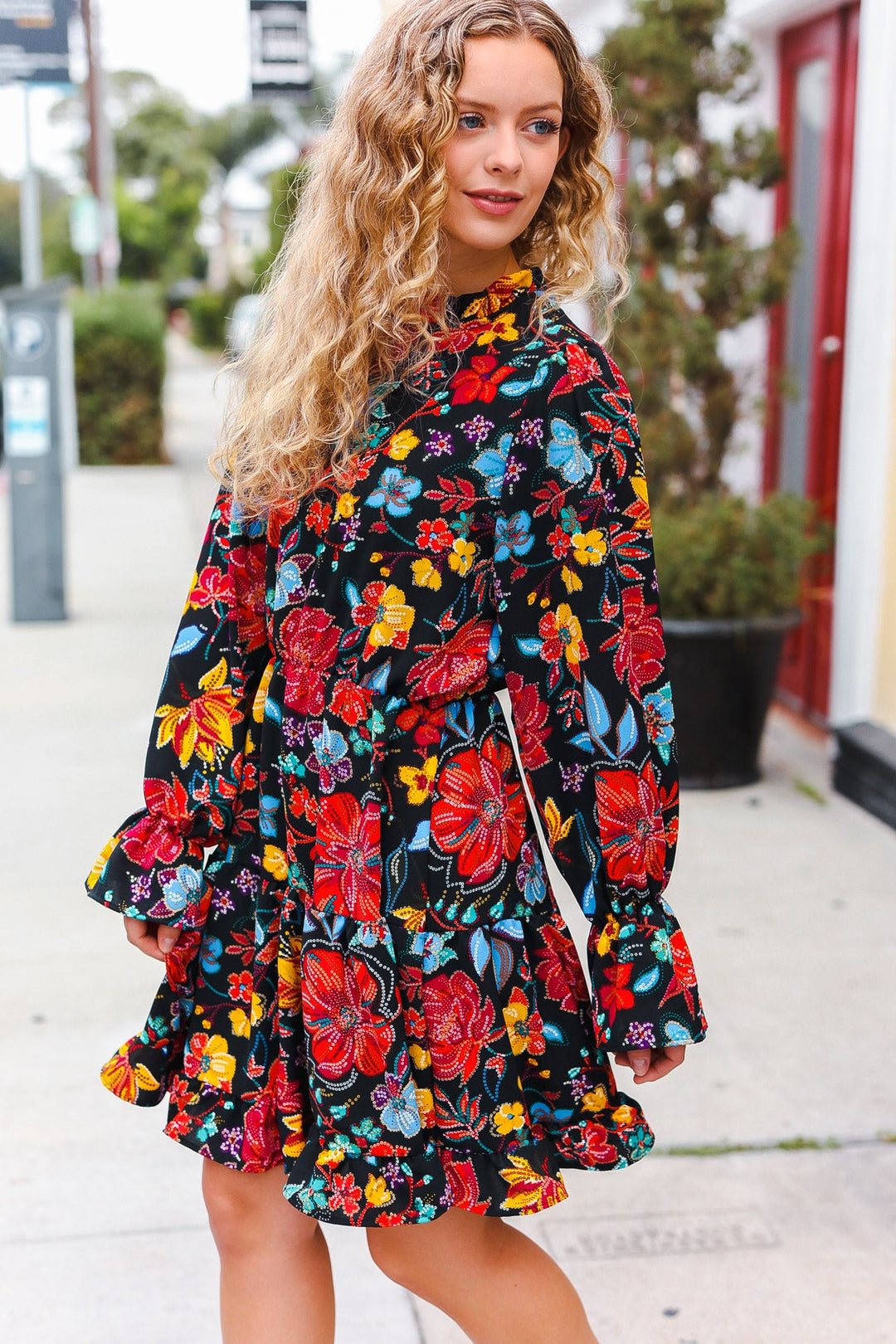 Feminine Flair - Floral Faux Sequin Print Dress