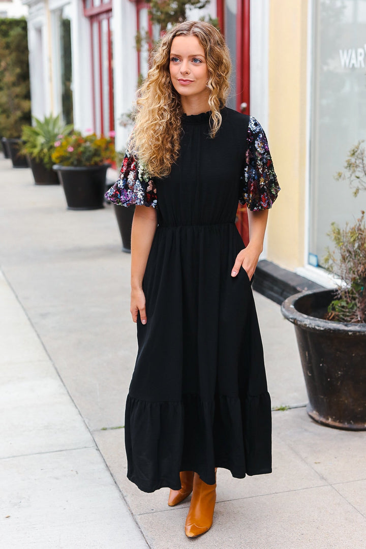 Touch Of Glam - Sequin Puff-Sleeve Maxi Dress