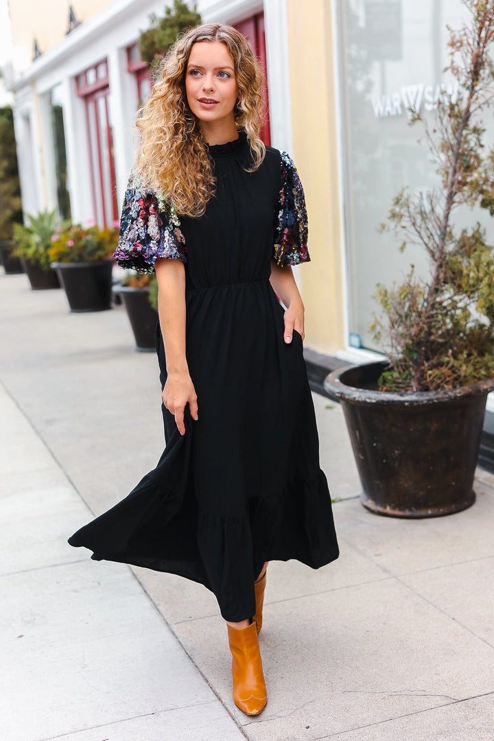 Touch Of Glam - Sequin Puff-Sleeve Maxi Dress