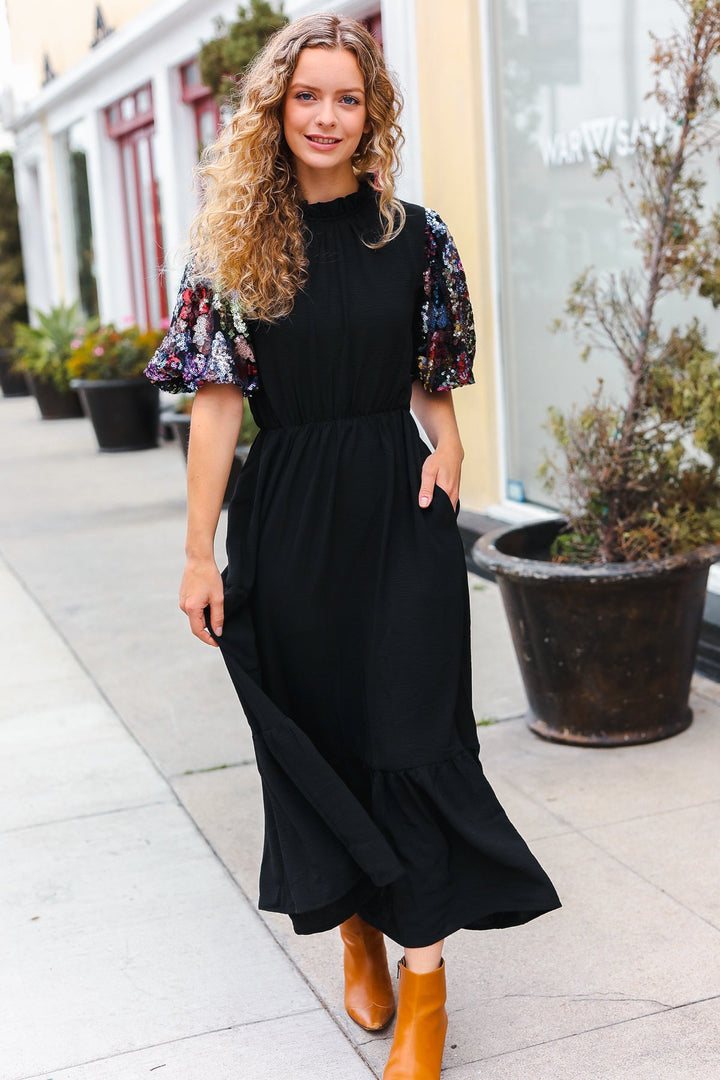 Touch Of Glam - Sequin Puff-Sleeve Maxi Dress