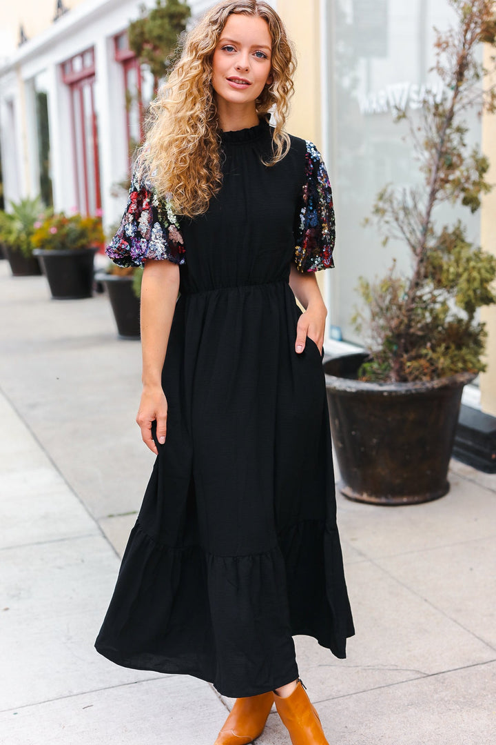 Touch Of Glam - Sequin Puff-Sleeve Maxi Dress