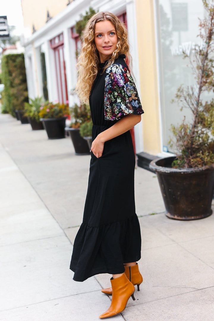 Touch Of Glam - Sequin Puff-Sleeve Maxi Dress