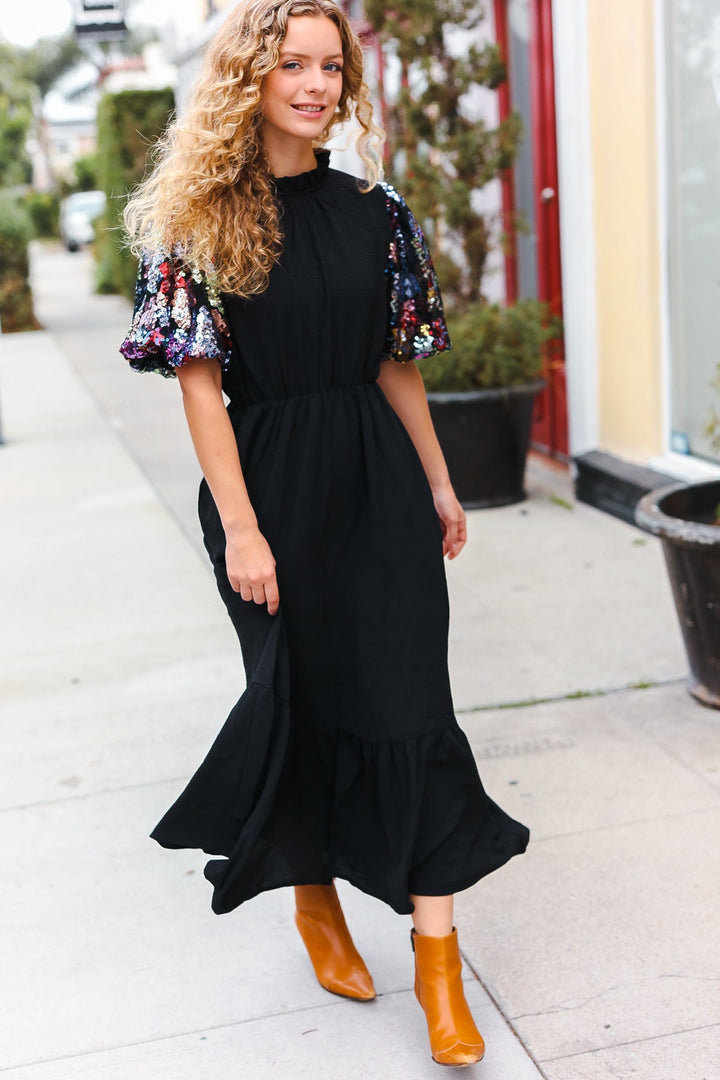 Touch Of Glam - Sequin Puff-Sleeve Maxi Dress