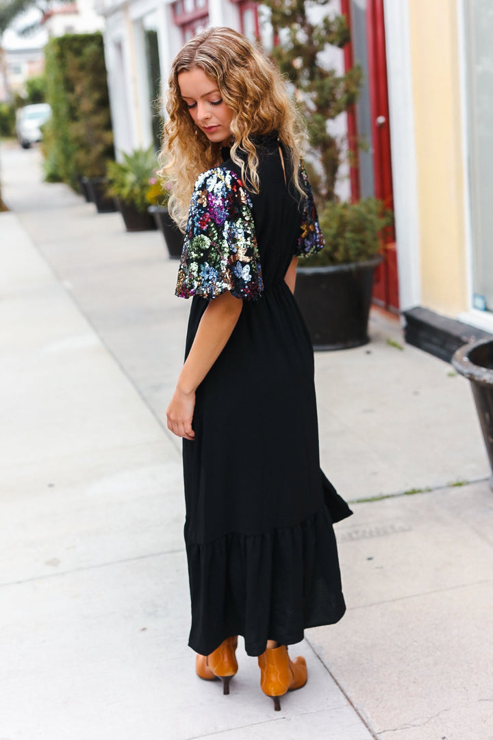 Touch Of Glam - Sequin Puff-Sleeve Maxi Dress