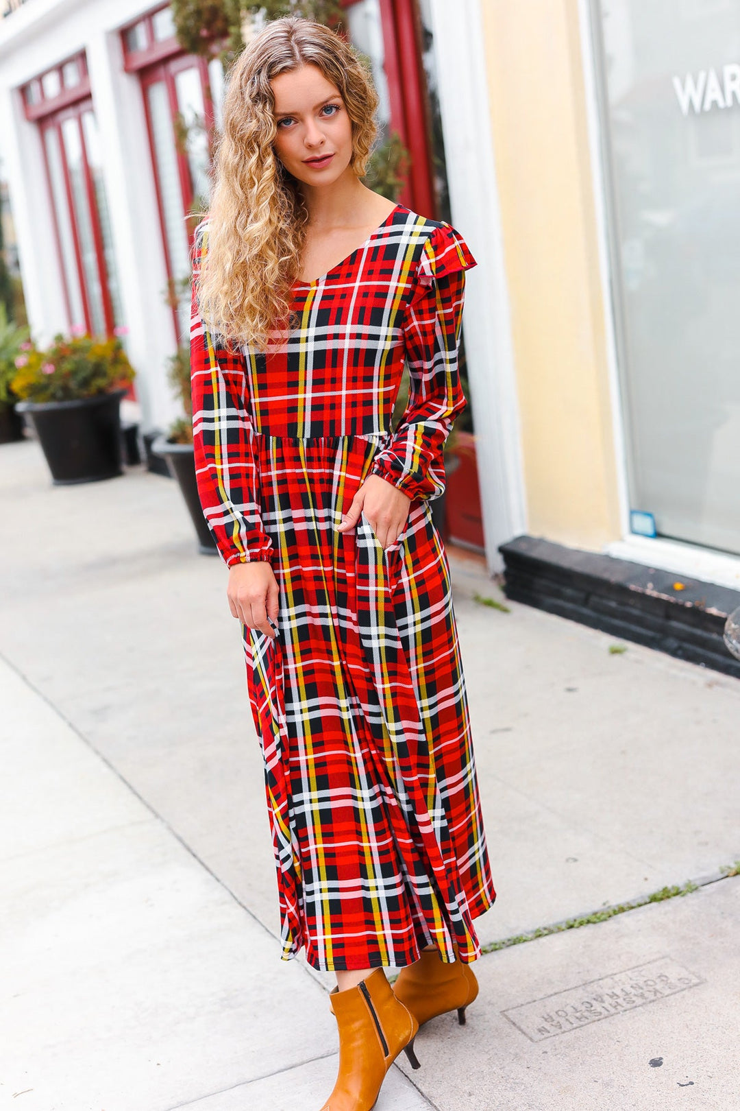 Red Plaid Fit & Flare Midi Dress