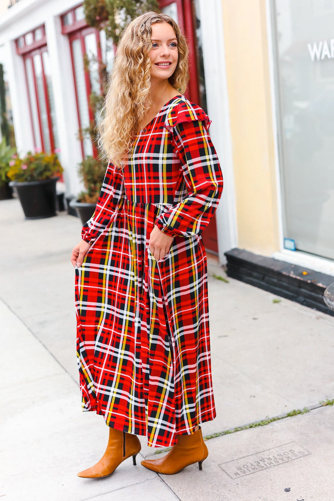 Red Plaid Fit & Flare Midi Dress