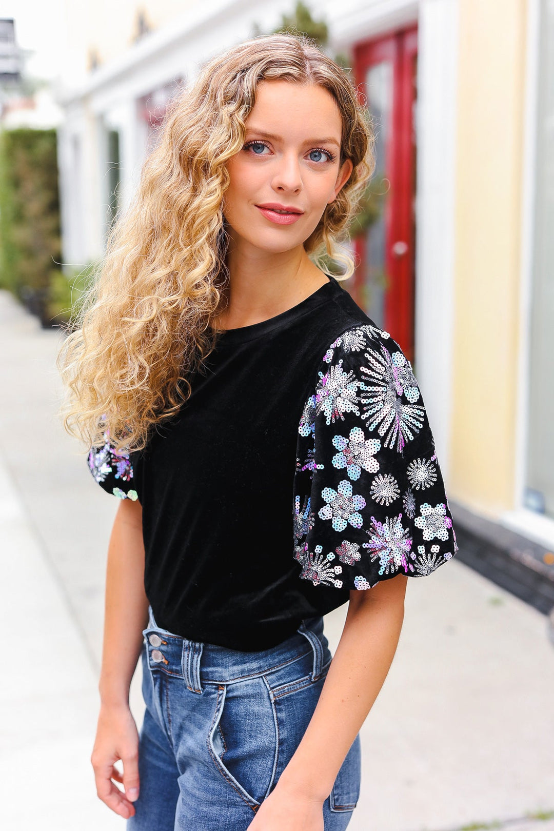 All That Glam - Floral Sequin Velvet Top