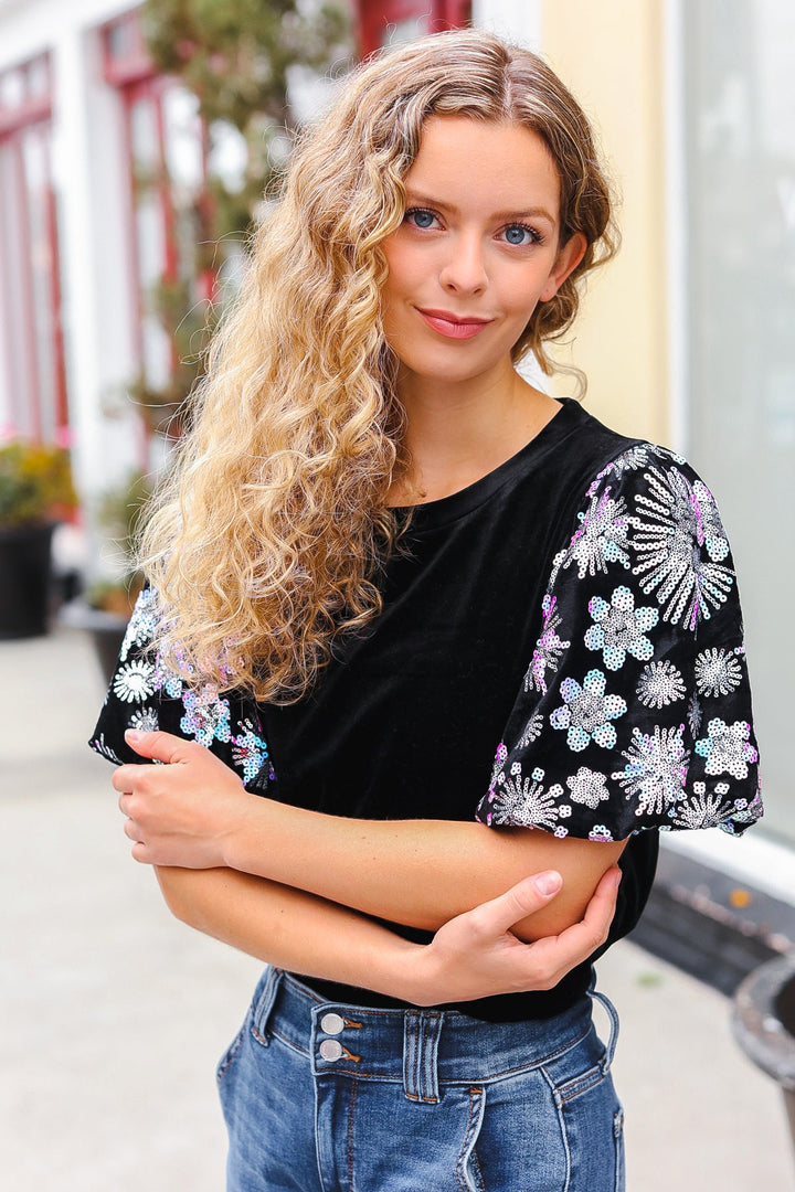 All That Glam - Floral Sequin Velvet Top