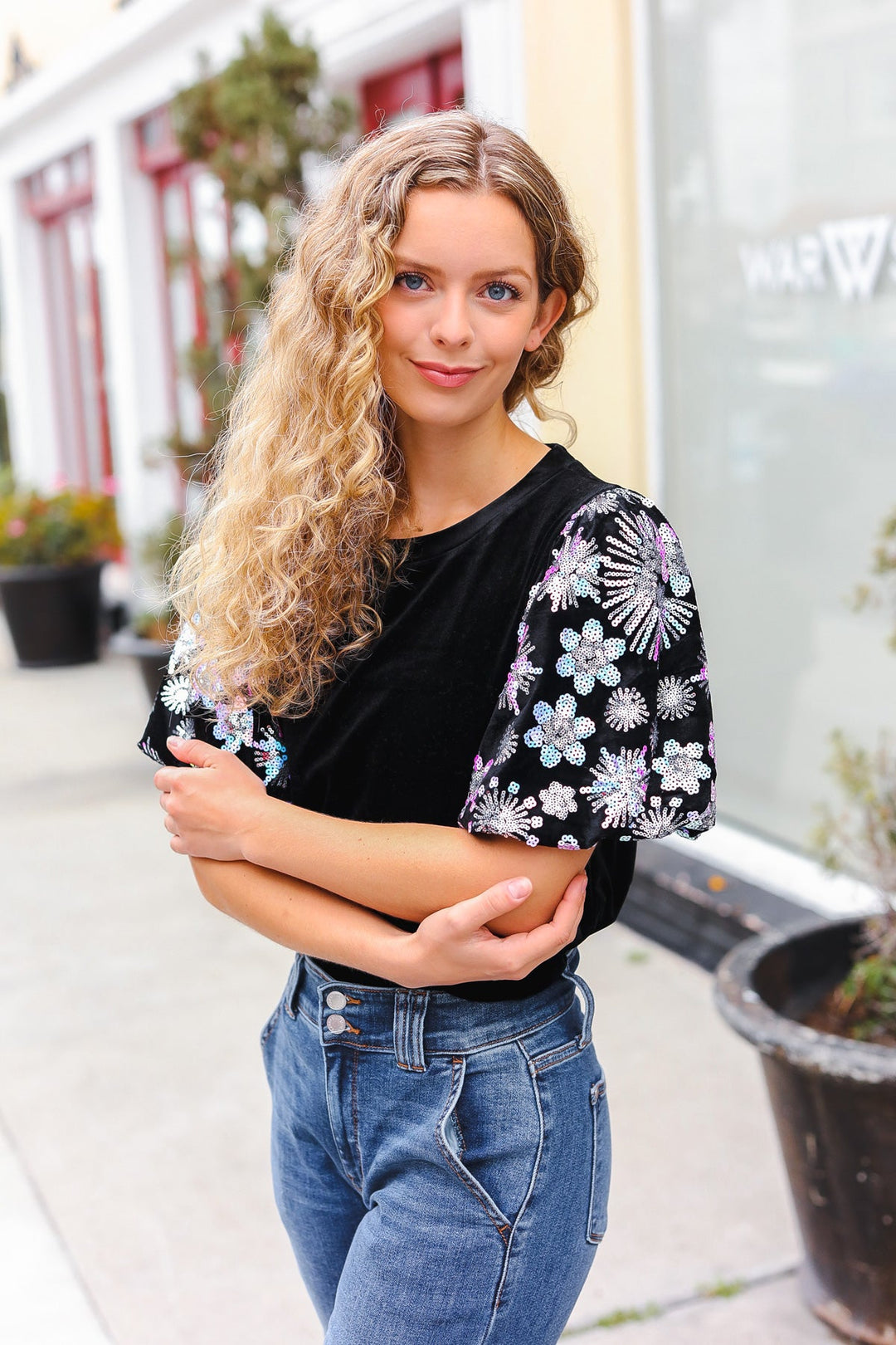 All That Glam - Floral Sequin Velvet Top