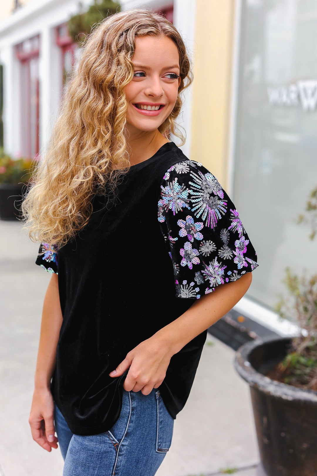 All That Glam - Floral Sequin Velvet Top