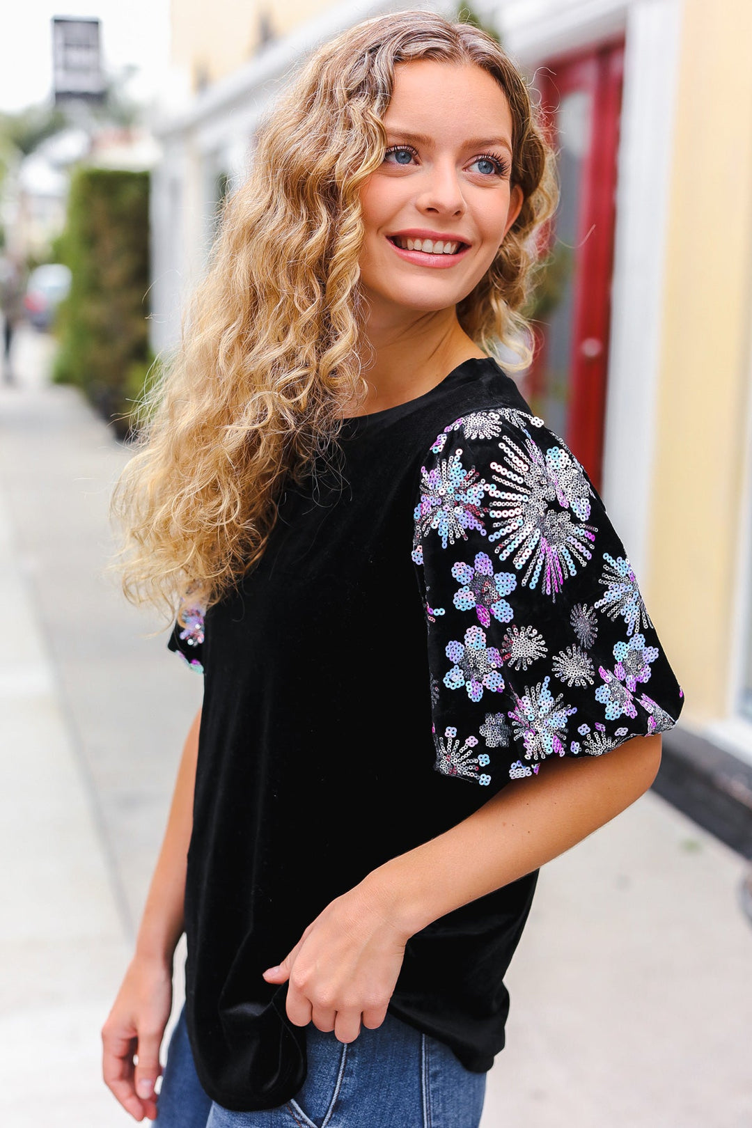 All That Glam - Floral Sequin Velvet Top