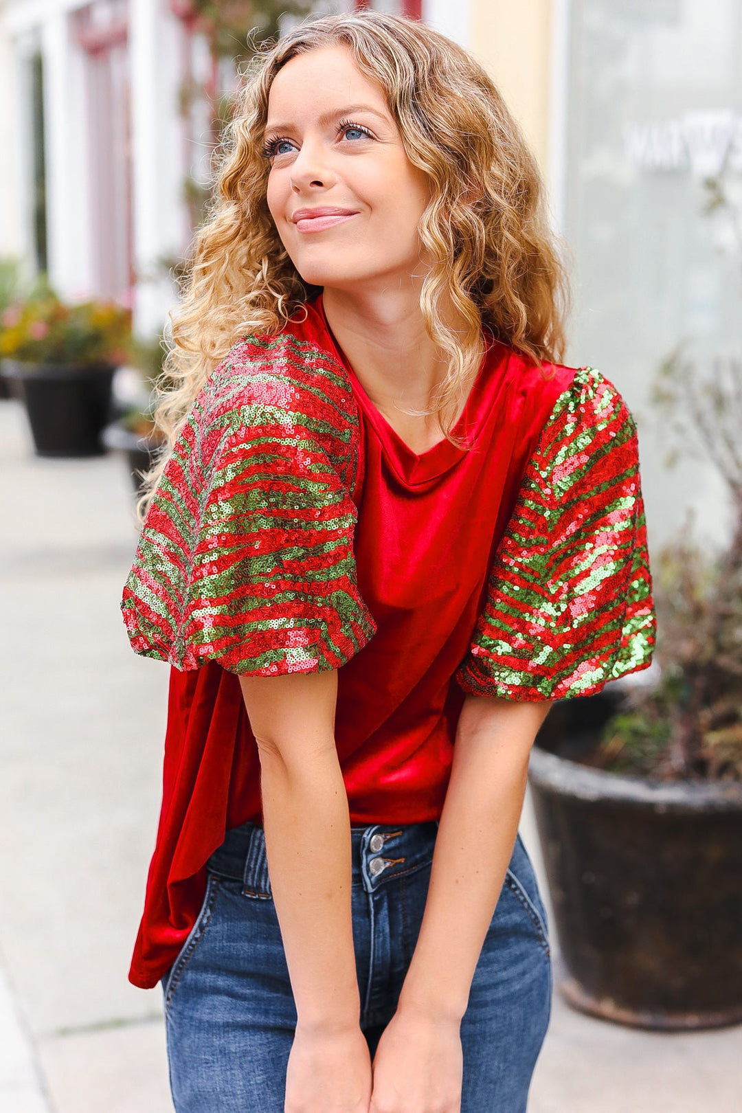 Sequin Puff-Sleeve Velvet Top