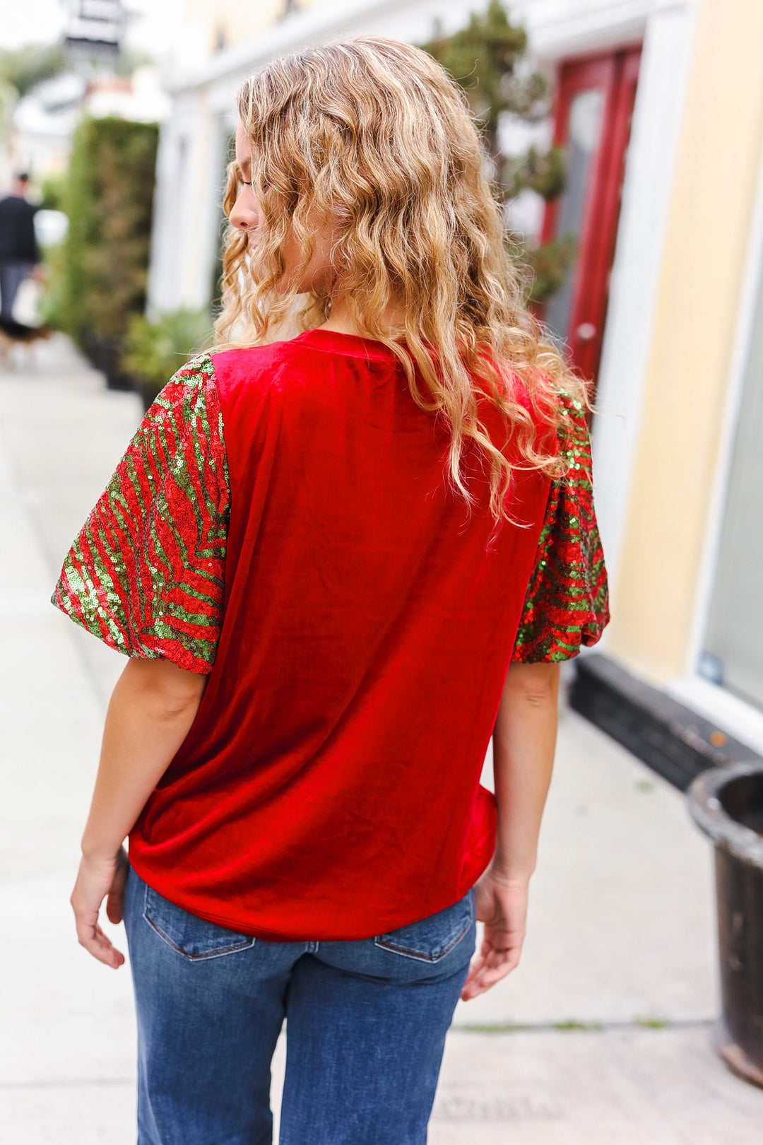 Sequin Puff-Sleeve Velvet Top