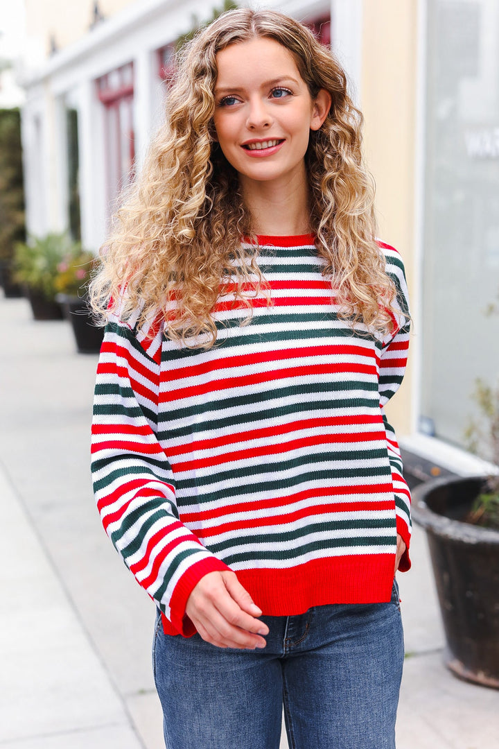 Red & Green Striped Oversized Knit Sweater