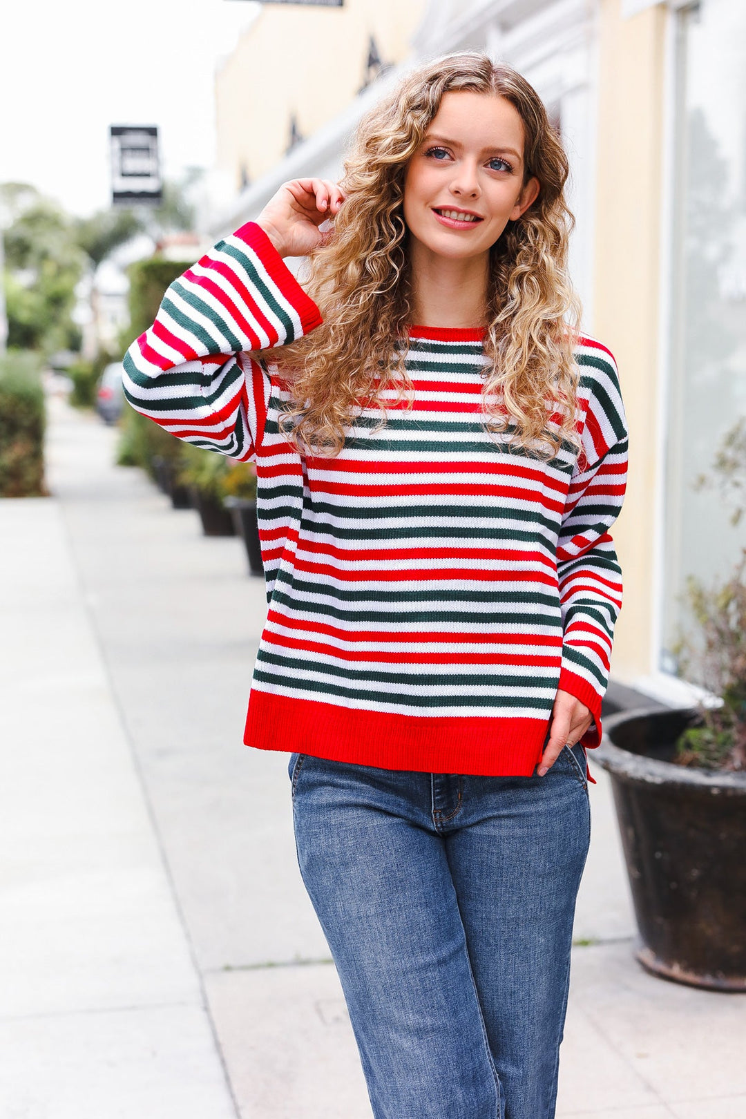 Red & Green Striped Oversized Knit Sweater