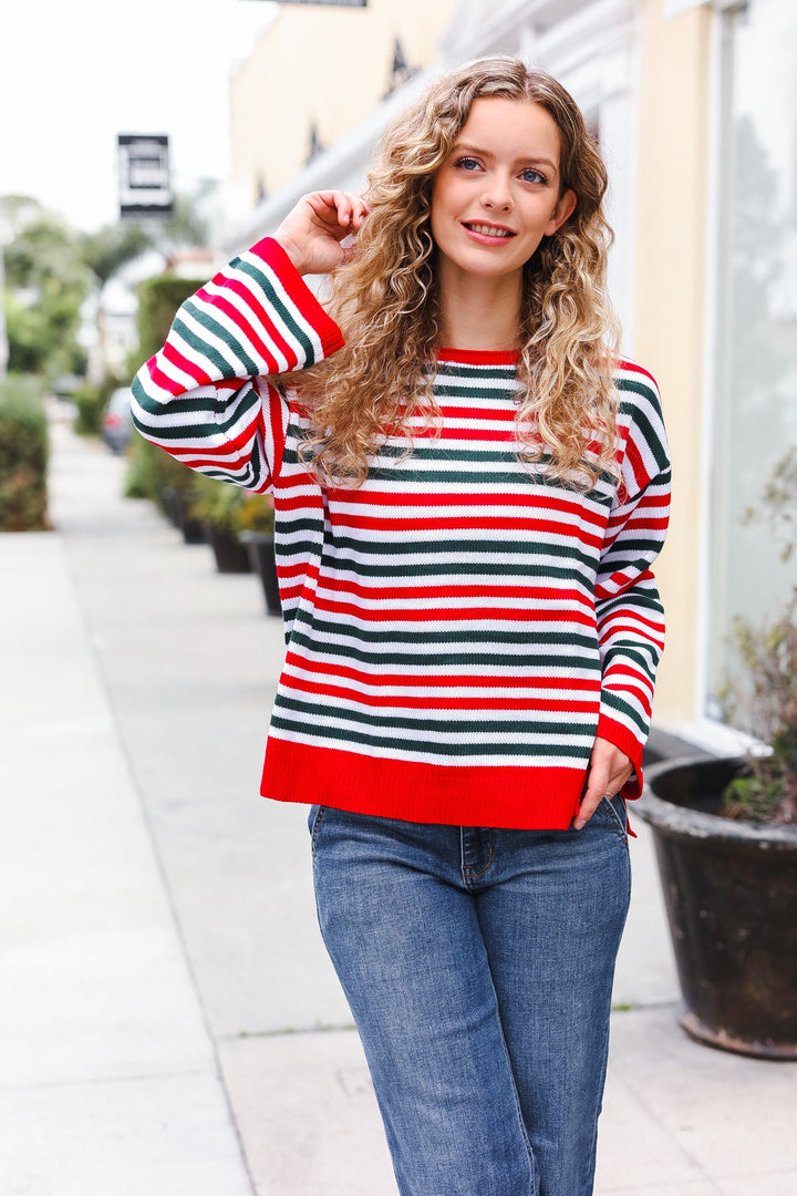 Red & Green Striped Oversized Knit Sweater