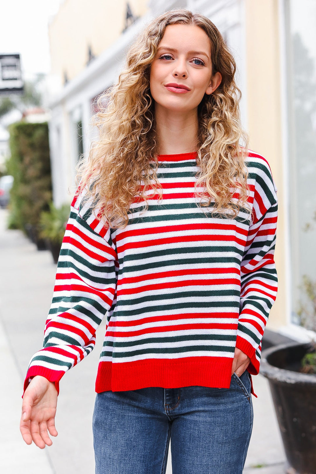 Red & Green Striped Oversized Knit Sweater