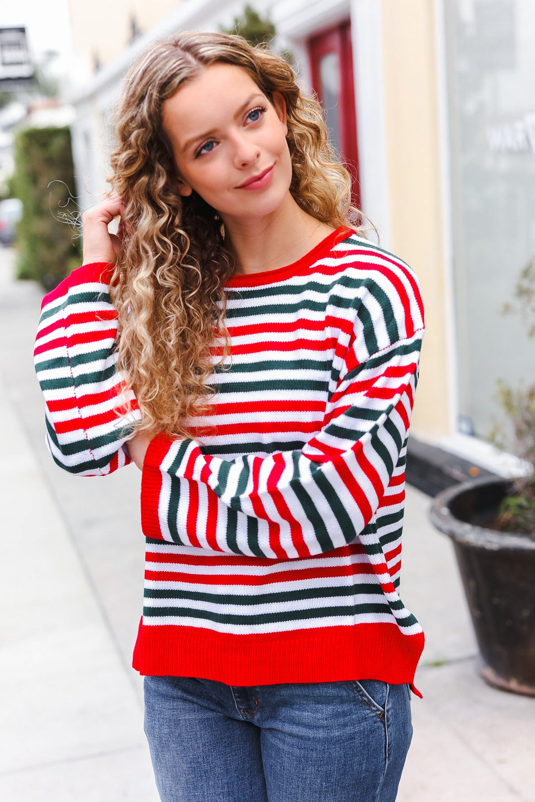 Red & Green Striped Oversized Knit Sweater