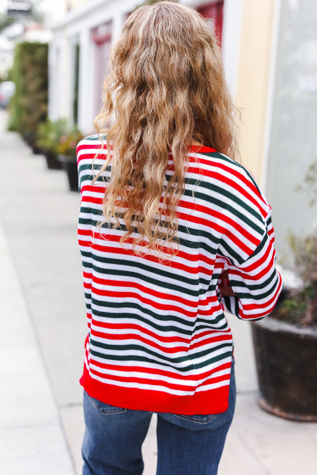 Red & Green Striped Oversized Knit Sweater