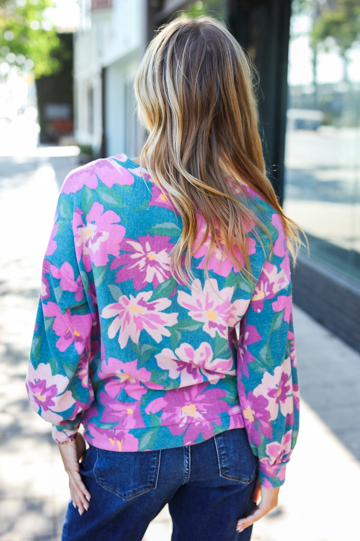 Boldly You - Soft Floral Sweater Top - Teal