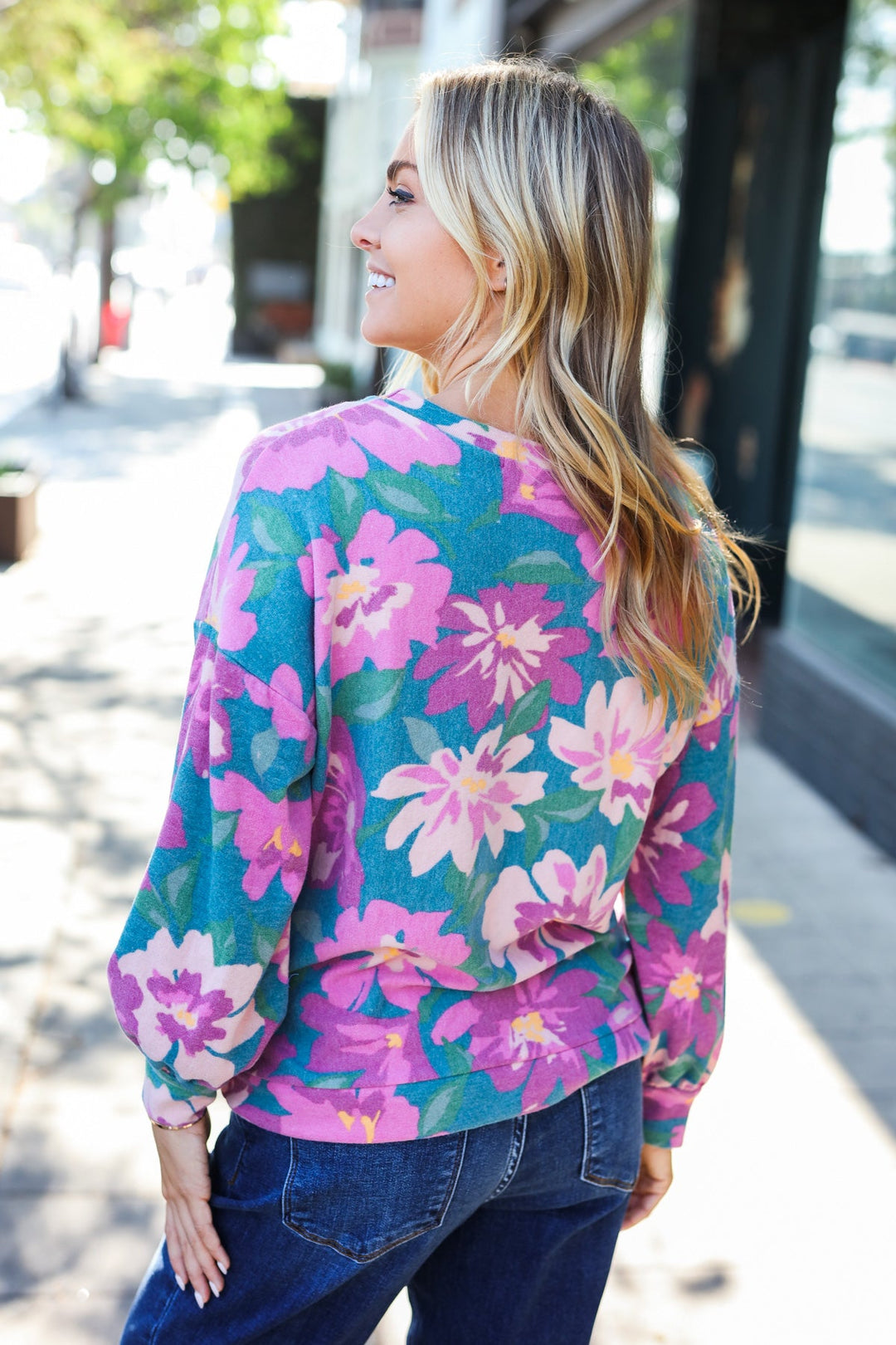 Boldly You - Soft Floral Sweater Top - Teal