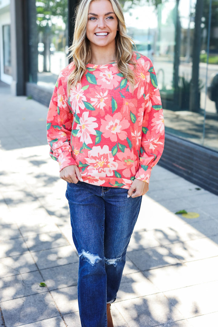 Boldly You - Soft Floral Sweater Top - Red