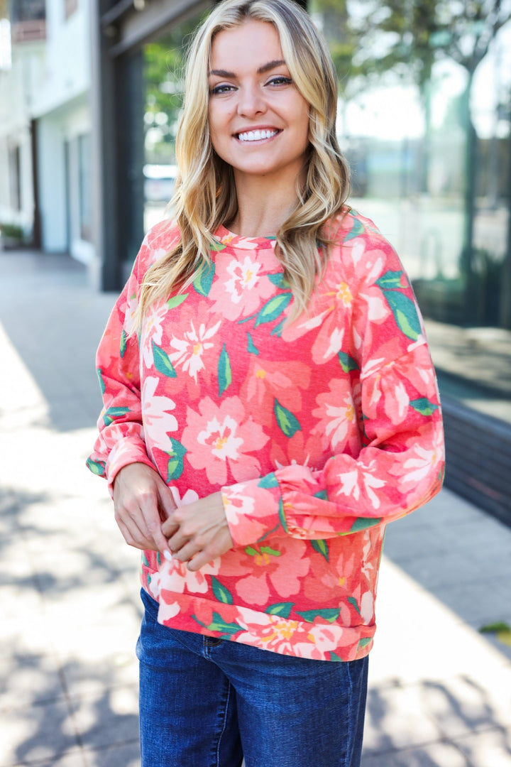 Boldly You - Soft Floral Sweater Top - Red