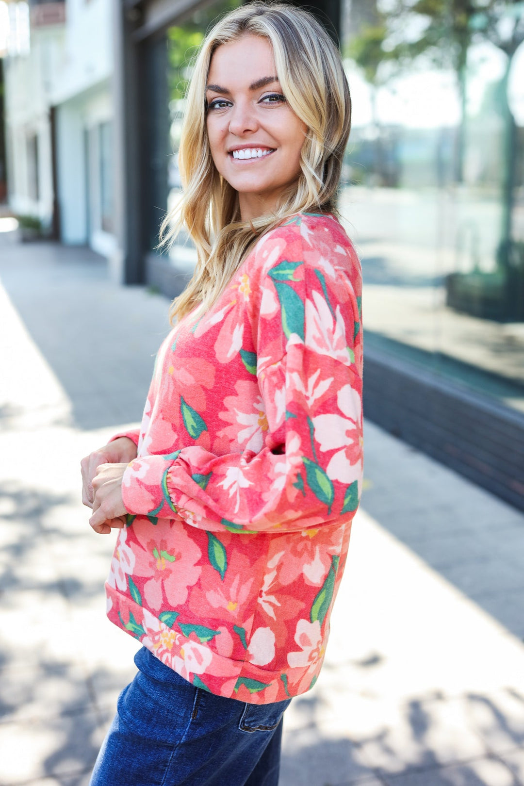 Boldly You - Soft Floral Sweater Top - Red