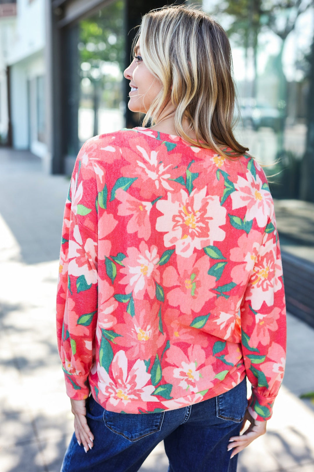 Boldly You - Soft Floral Sweater Top - Red