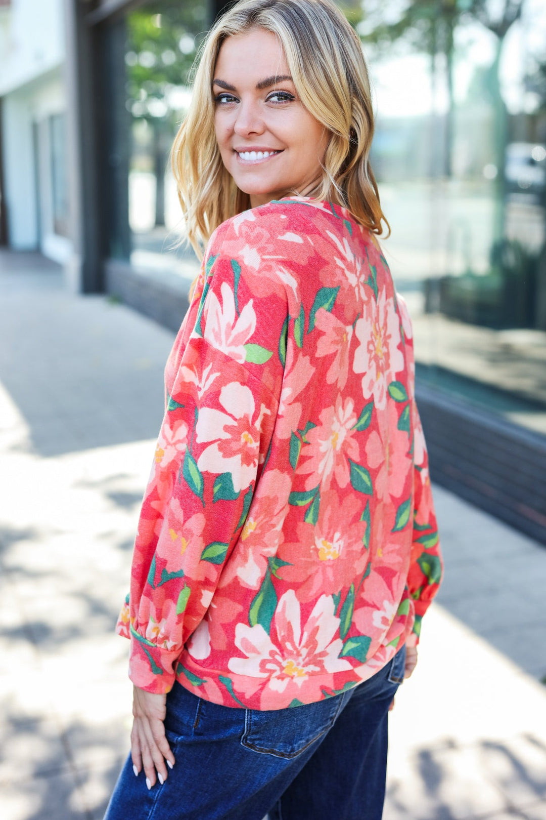 Boldly You - Soft Floral Sweater Top - Red