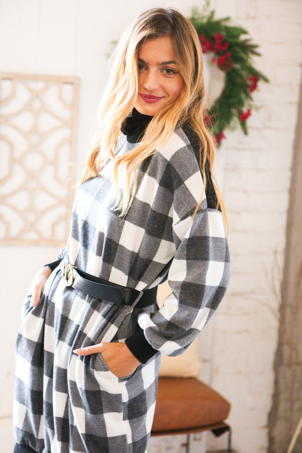 Buffalo Plaid Belted Sweater Dress