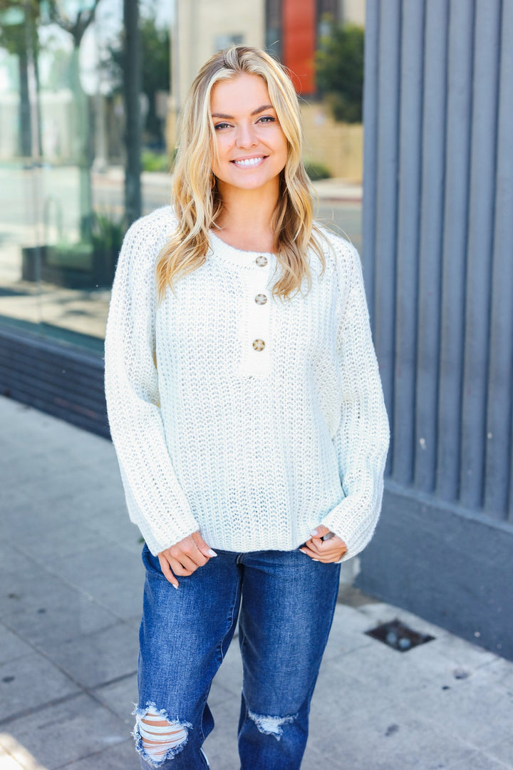 Upscale Basics - Loose Knit Henley Sweater - White