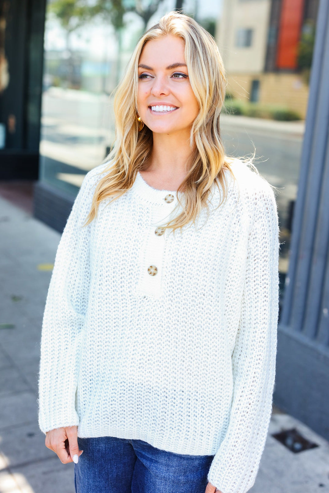 Upscale Basics - Loose Knit Henley Sweater - White