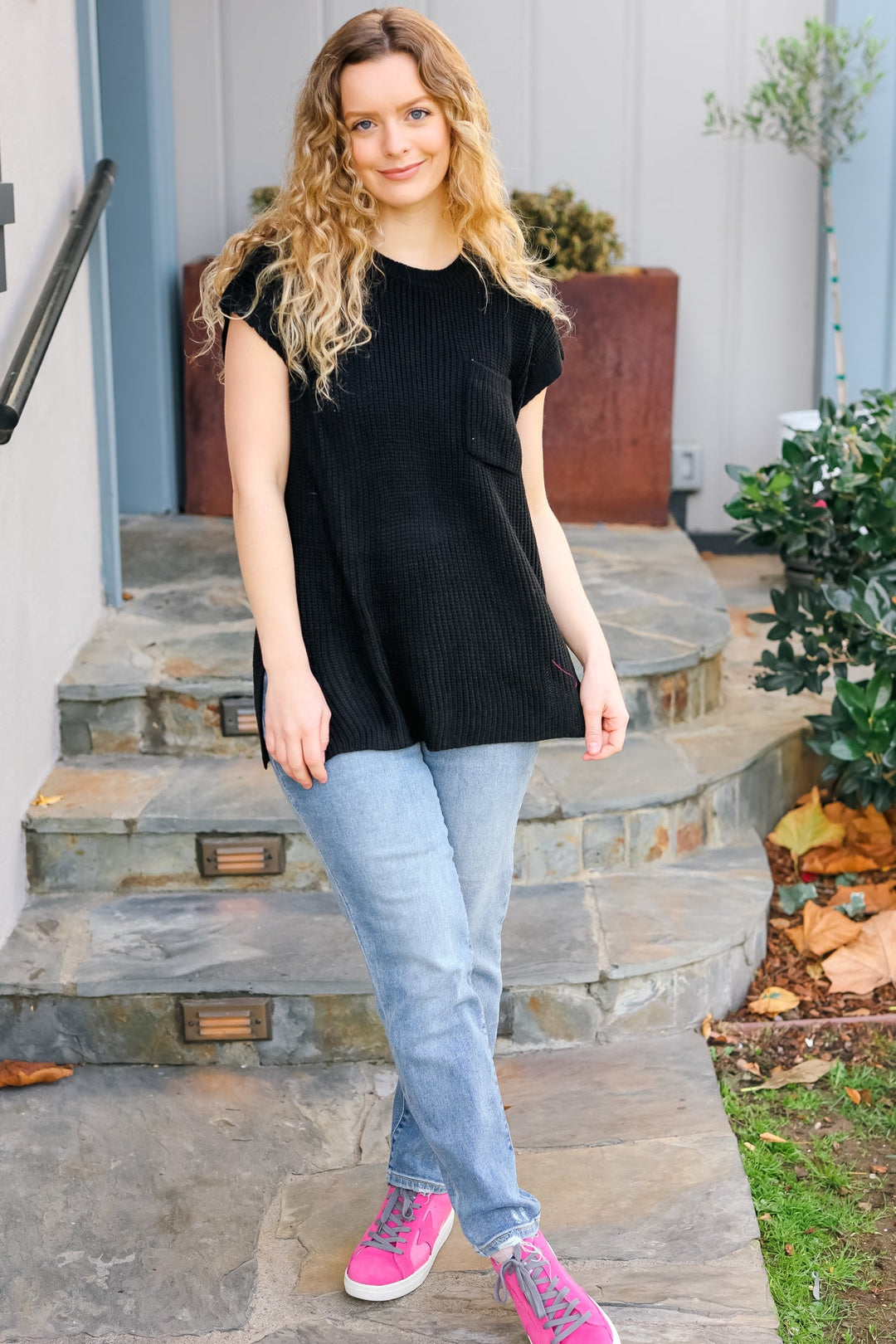 Call On Me - Dolman Ribbed Sweater Top - Black