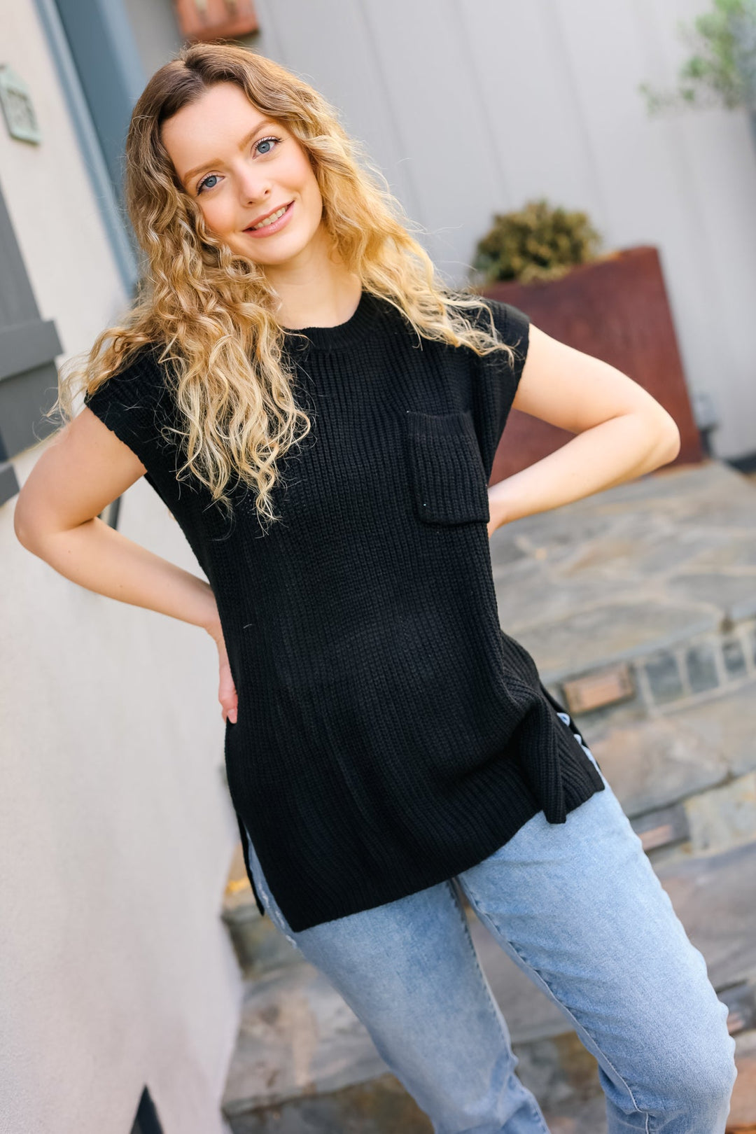 Call On Me - Dolman Ribbed Sweater Top - Black