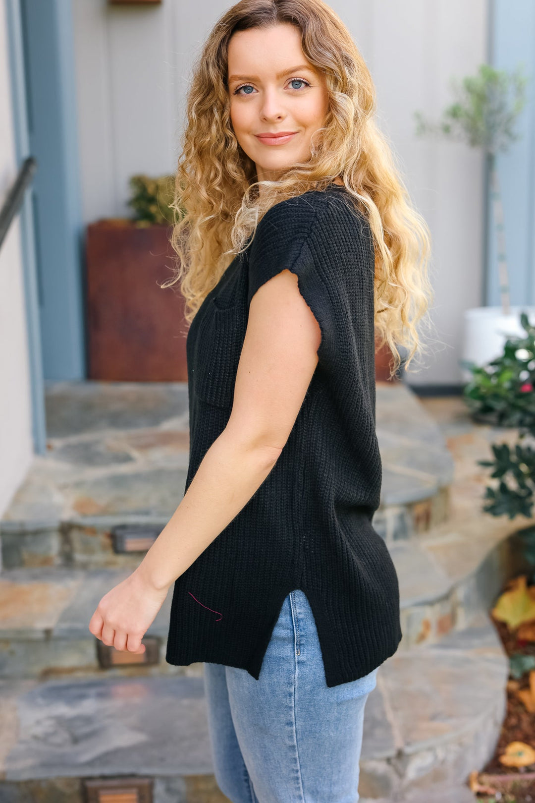 Call On Me - Dolman Ribbed Sweater Top - Black