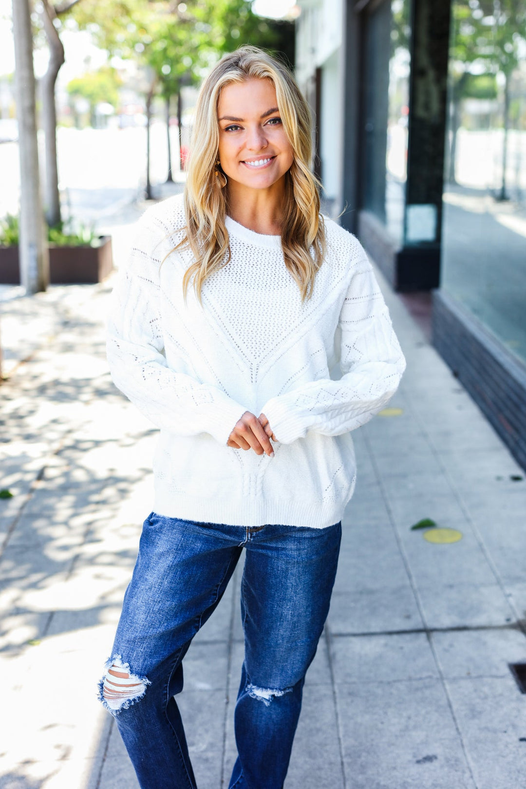 Upscale Basics - Loose Knit Henley Sweater - White