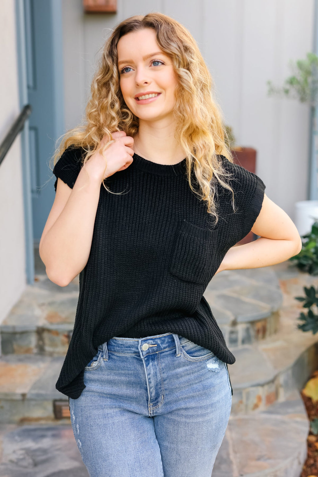 Call On Me - Dolman Ribbed Sweater Top - Black